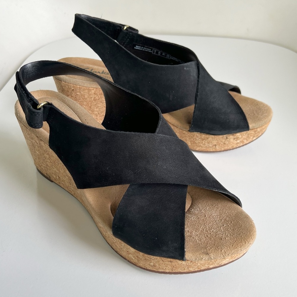 Clarks Black Cork Wedge Slingback Sandals